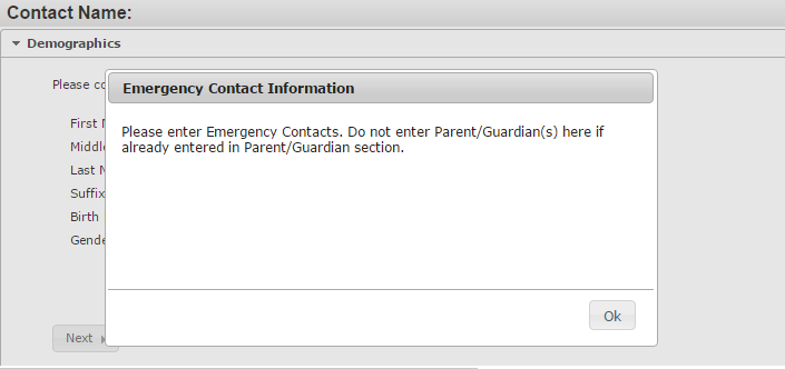 emergency contact pop-up screenshot